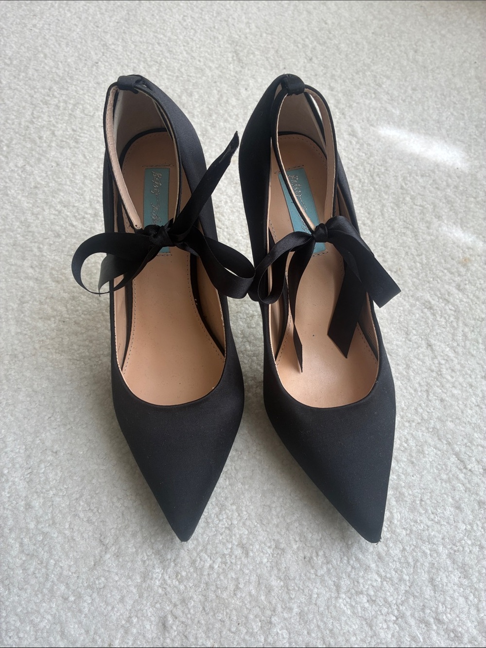 Betsey Johnson Black Pointed Toe Ribbon Ankle Tie Pumps